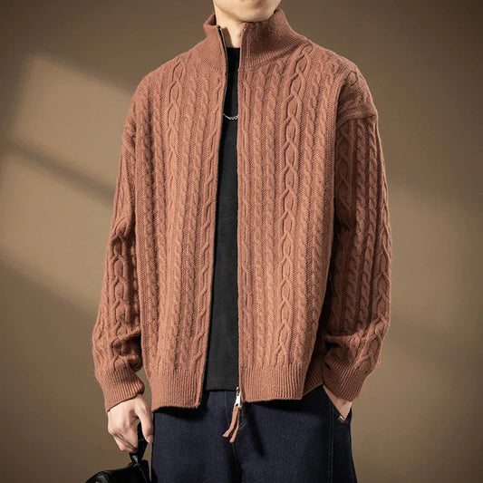 Men’s Textured Knit Two-Way Zip High-Collar Cardigan