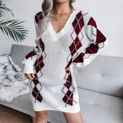 Women's Printed V-Neck Knit Mini Sweater Dress with Long Sleeves