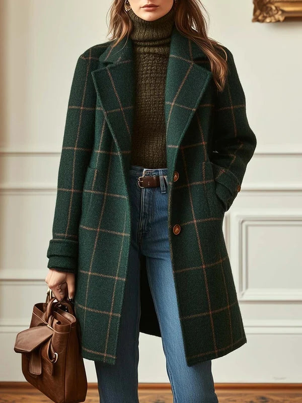 Women’s Longline Wool-Blend Tweed Coat with Wide Lapels