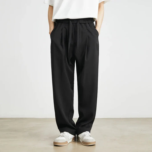 Men’s Relaxed Pleated Trousers with Elastic Drawstring Waist
