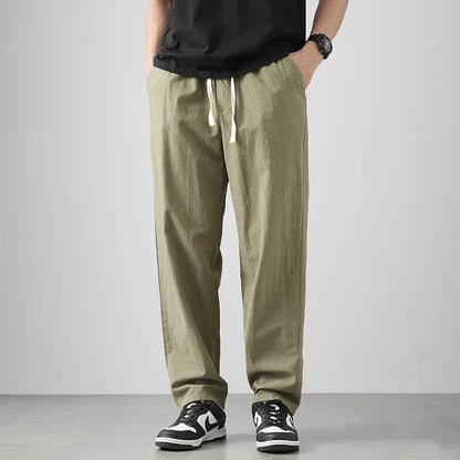 Men’s Relaxed Tapered Linen Trousers with Drawstring Waist