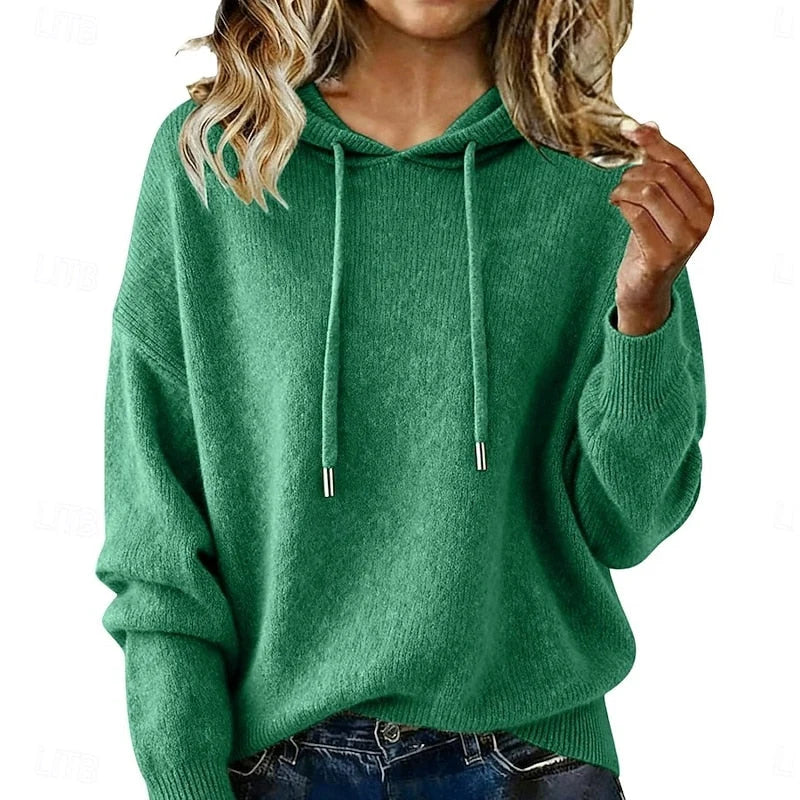 Women’s Relaxed Drawstring Hooded Knit Pullover with Ribbed Trim
