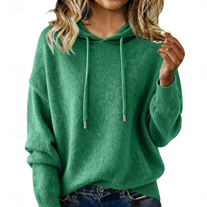 Women’s Relaxed Drawstring Hooded Knit Pullover with Ribbed Trim