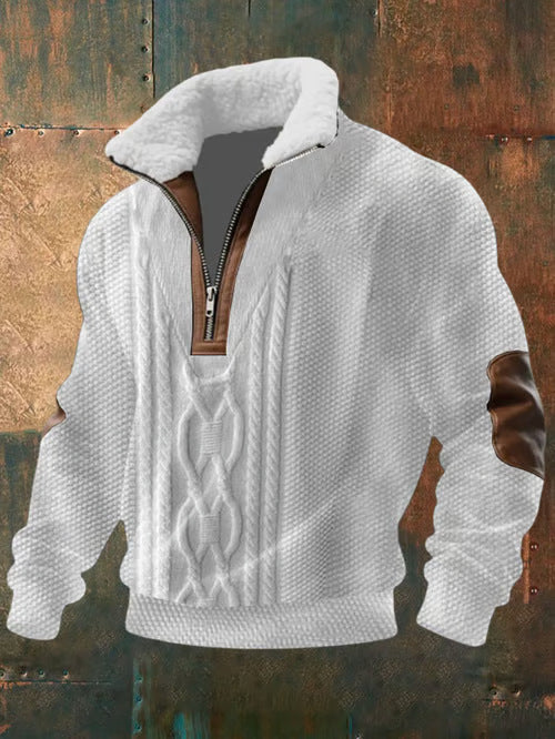 Men’s Warm Faux Fur Collar Full-Zip Knit Sweater
