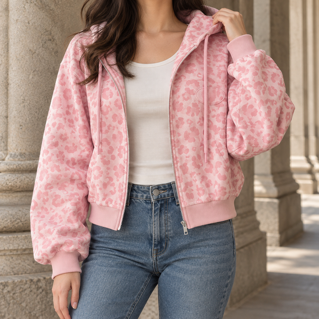 Tonal Leopard Print Cropped Hooded Zip Jacket