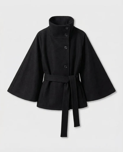 Women’s High-Collar Wool-Blend Cape Jacket with Waist Belt