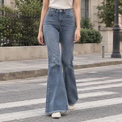 Women’s High-Rise Stretch Denim Flare Jeans with Frayed Hems