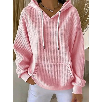 Women’s Oversized Waffle Knit Drawstring Hooded Pullover