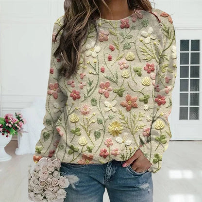 Women’s Floral Embroidery Lightweight Cotton Crew Neck Sweater