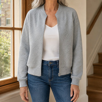 Women’s Relaxed Textured Zip Jacket with Ribbed Trim
