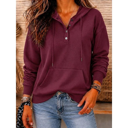 Women’s Relaxed Button-Placket Hooded Pullover with Front Pouch Pocket