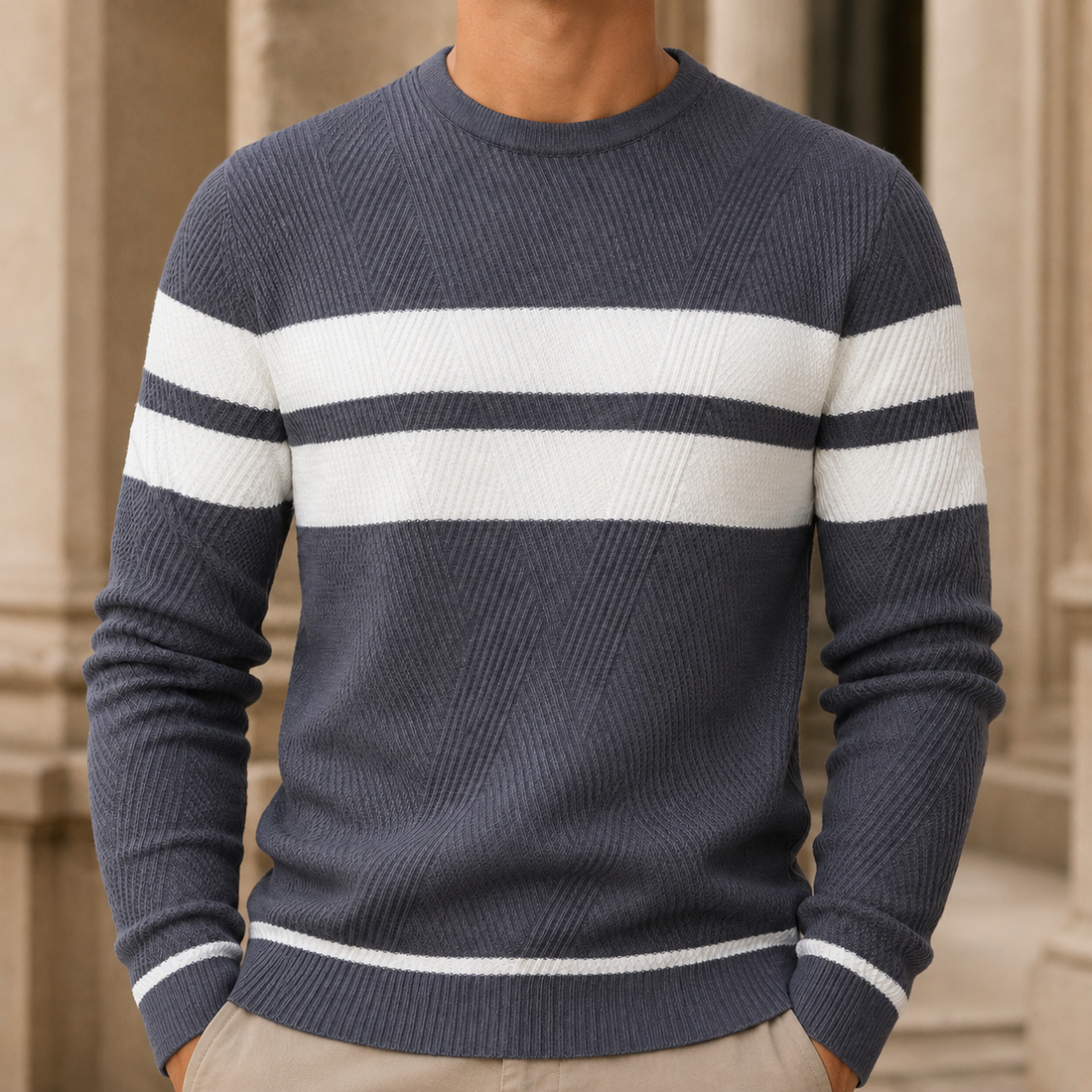 Men’s Textured Geometric Stripe Crewneck Sweater