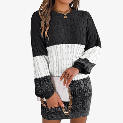 Women's Cable Knit Mini Sweater Dress with Textured Panels and Long Sleeves