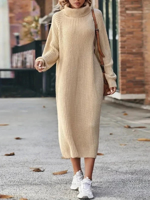 Women's Ribbed Turtleneck Maxi Sweater Dress with Long Sleeves