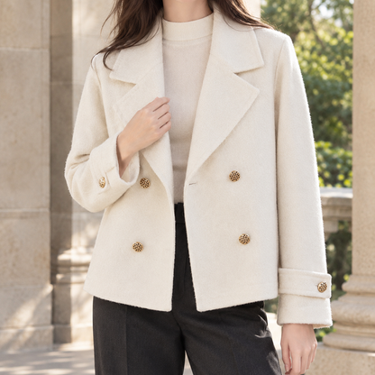 Women’s Cropped Wool Double-Breasted Jacket with Notched Lapels