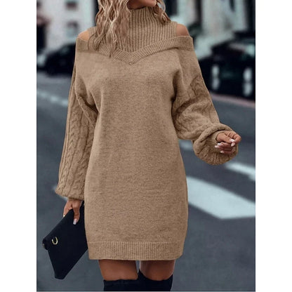 Women's Turtleneck Sweater Dress with Cold-Shoulder Cutouts and Cable-Knit Sleeves