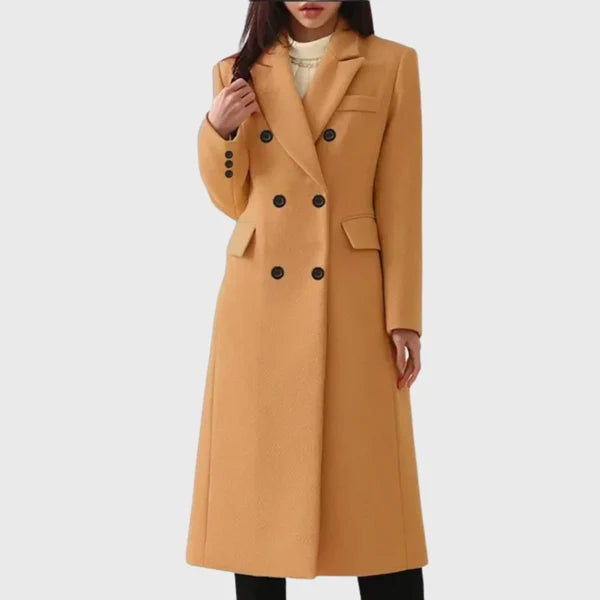 Women’s Long Tailored Wool Coat with Double-Breasted Front