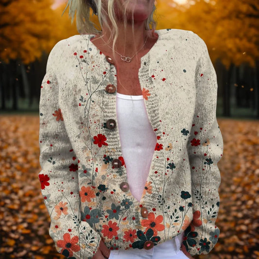 Women’s Botanical Floral Print Relaxed Open-Front Cardigan with Wooden Buttons