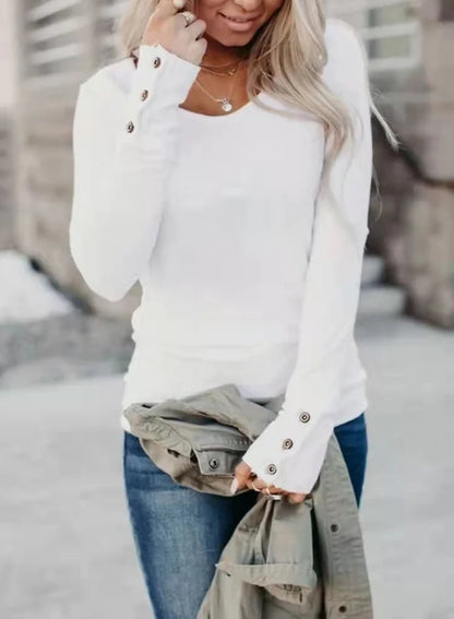 Women’s Slim-Fit Deep V-Neck Cotton Blend Top with Sleeve Buttons