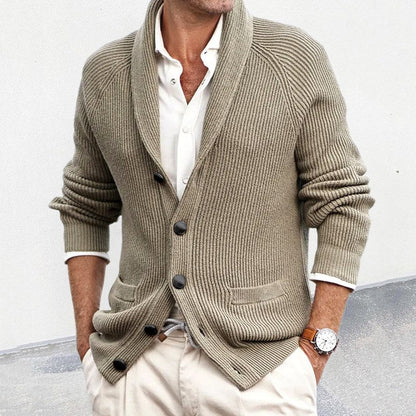 Men’s Ribbed Shawl Collar Button-Up Knit Cardigan