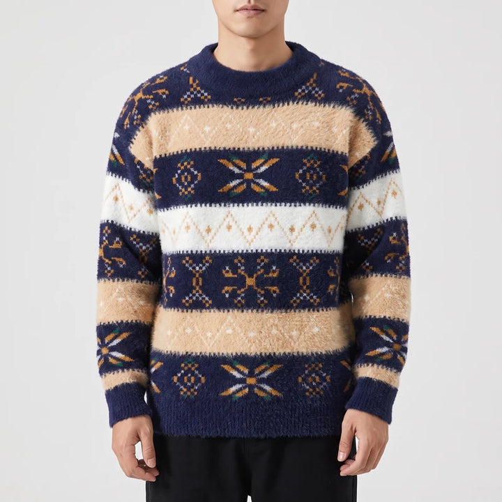 Geometric Colorblock Jacquard Crew Neck Sweater