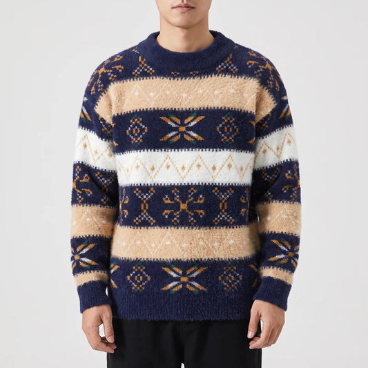 Geometric Colorblock Jacquard Crew Neck Sweater