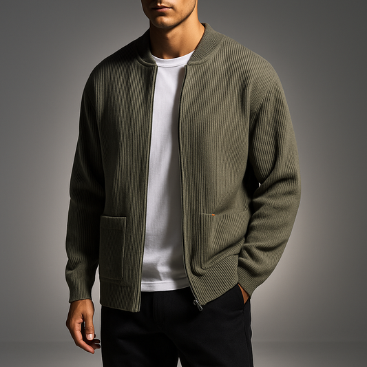 Men’s Vertical Rib Knit Pullover with Stand Collar