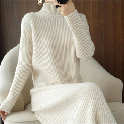 Women's Slim-Fit Ribbed Knit Dress with High Neck and Long Sleeves