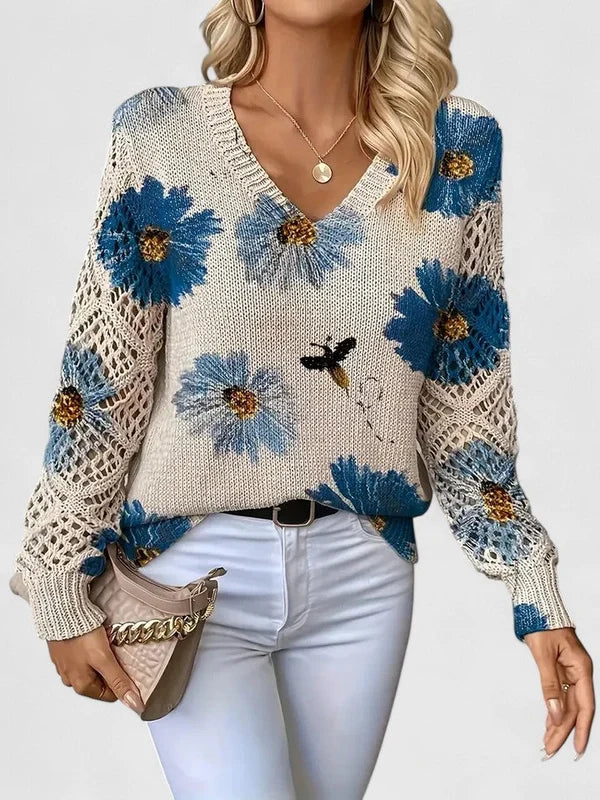 Women’s Printed V-Neck Openwork Sleeve Relaxed Knit Sweater