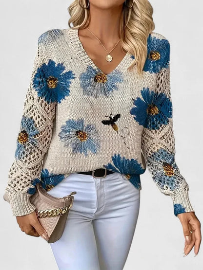 Women’s Printed V-Neck Openwork Sleeve Relaxed Knit Sweater