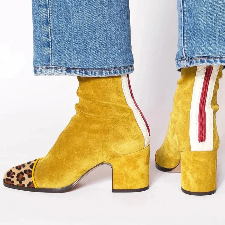 Women’s Suede Ankle Boots with Animal-Print Toe and Block Heel