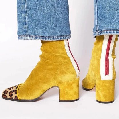 Women’s Suede Ankle Boots with Animal-Print Toe and Block Heel