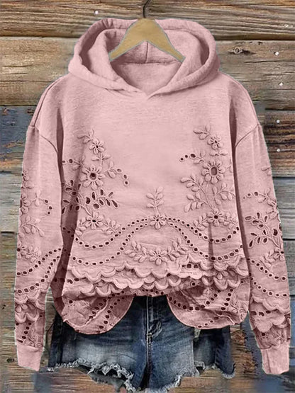 Women’s Floral Eyelet Scalloped Hem Pullover Hoodie
