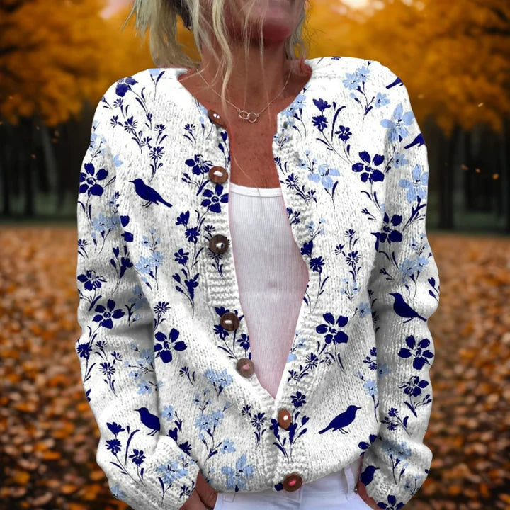 Women’s Floral Bird Print Knit Button-Front Cardigan with Wooden Buttons