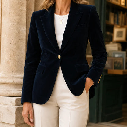 Women’s Velvet-Finish Tailored Blazer with Peak Lapels and Gold-Tone Details