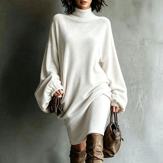 Women's Oversized Velvet Dress with Batwing Sleeves and Mock Neck
