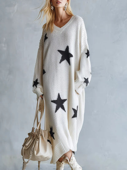 Women's Oversized Star Print Knit Maxi Dress with V-Neck