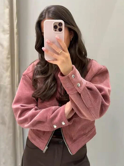 Women’s Cropped Textured Bomber Jacket with Zip Front and Sleeve Details