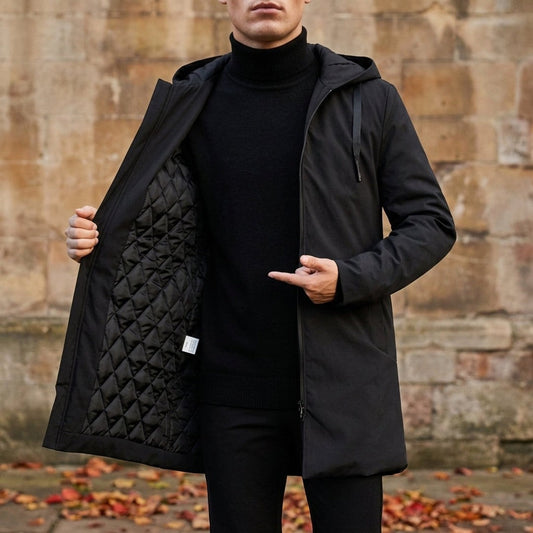 Men’s Quilted-Lined Hooded Mid-Length Winter Coat