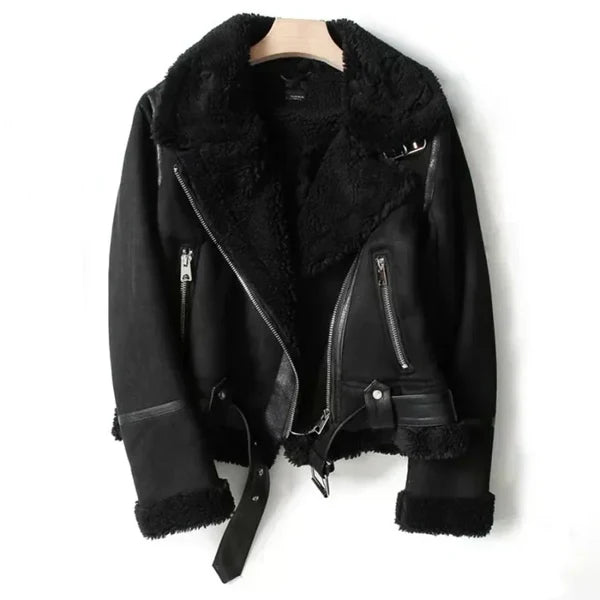 Women’s Sherpa-Lined Leather Biker Jacket with Asymmetric Zip
