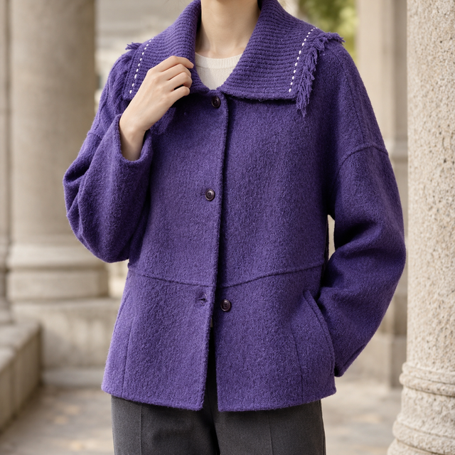 Women’s Textured Wool Boxy Jacket with Fringed Collar