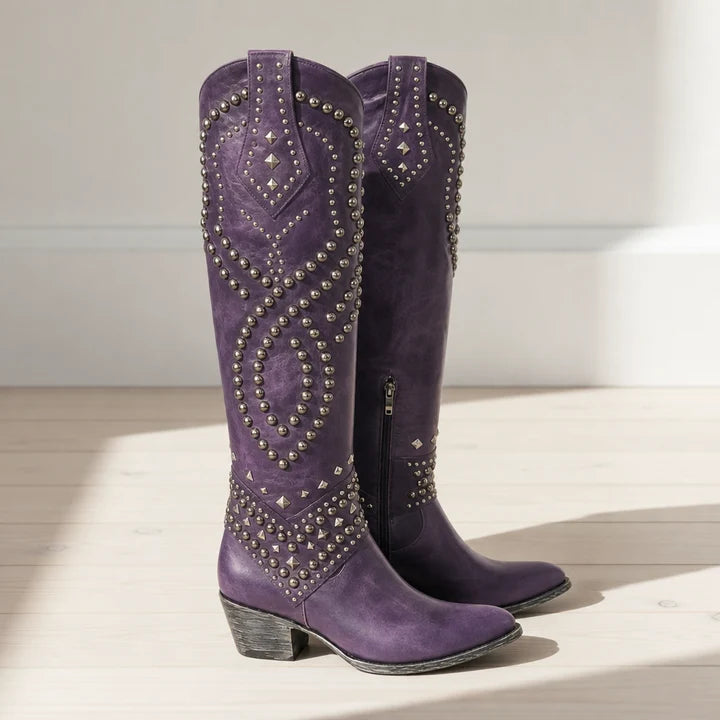 Women’s Studded Knee-High Western Boots with Pointed Toe