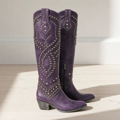 Women’s Studded Knee-High Western Boots with Pointed Toe