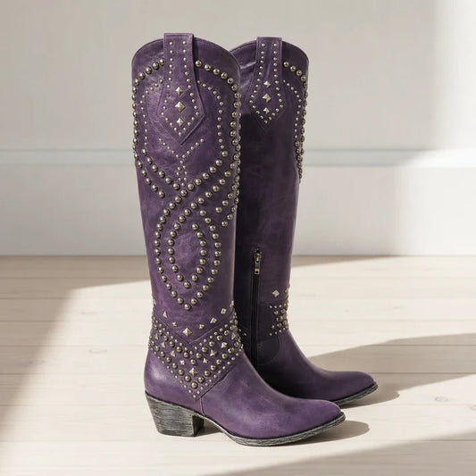 Women’s Studded Knee-High Western Boots with Pointed Toe