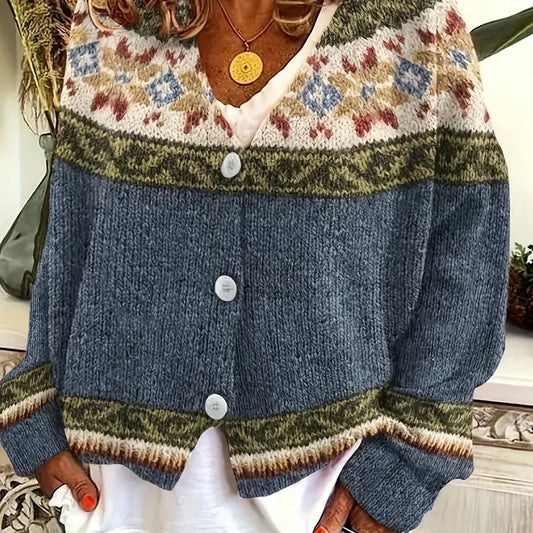 Women’s Fair Isle-Inspired Yoke V-Neck Button-Front Knit Cardigan