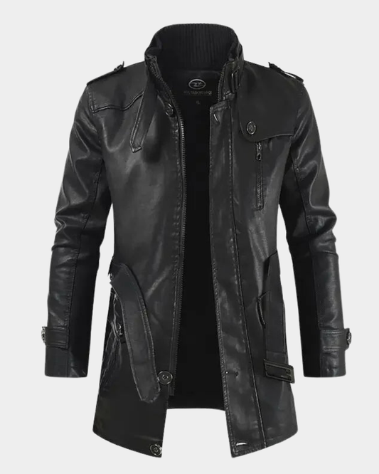 Men’s Longline Buckled Stand-Collar Biker Jacket