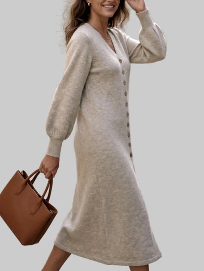 Women's Heathered Knit Sweater Dress with Puff Sleeves and Ribbed Cuffs