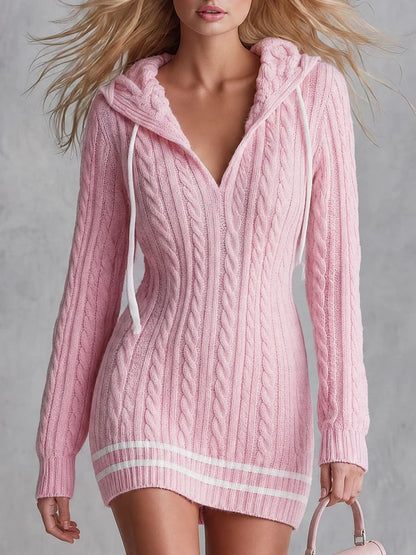 Women's Hooded Cable-Knit Mini Dress with V-Neck and Contrast Stripes