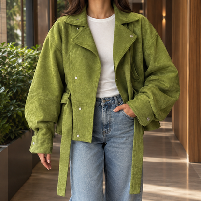 Cropped Belted Moto-Inspired Jacket with Flap Pockets