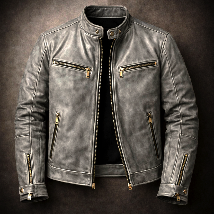 Men’s Distressed Leather Moto Jacket with Zip Pockets